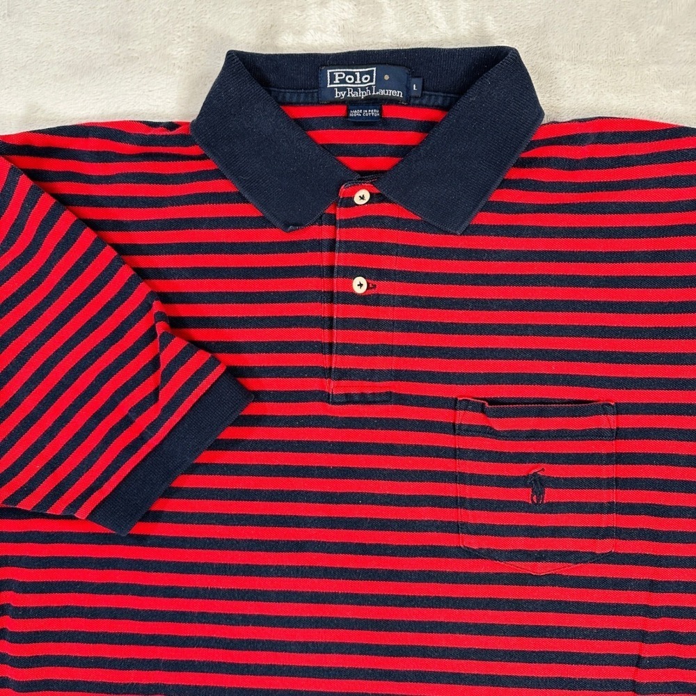 Polo Ralph Lauren Mens Large Red Navy Blue Striped Short Sleeve Pocket Polo